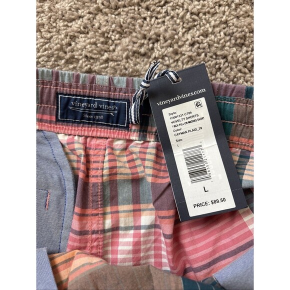 Vineyard Vines Shorts 7" Pull On Madras Mens L Pink Plaid Cotton Preppy NWT - Picture 5 of 6
